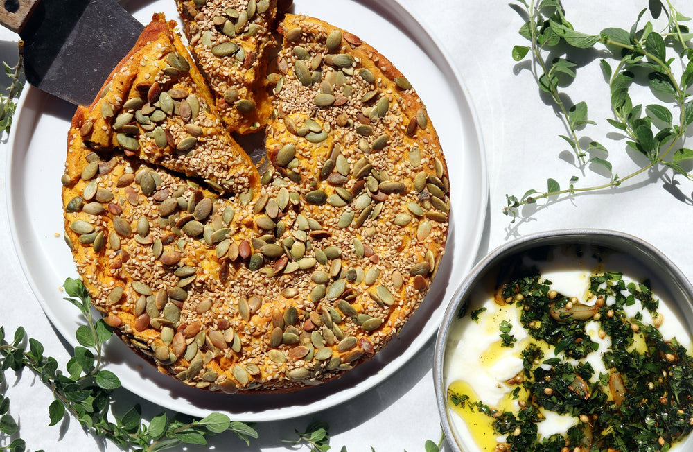 Sweet Potato Savory Cake with Herb Yogurt