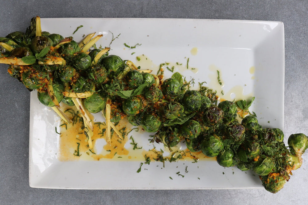 Roasted Brussels Sprouts on the Stalk w/ Mint Masala